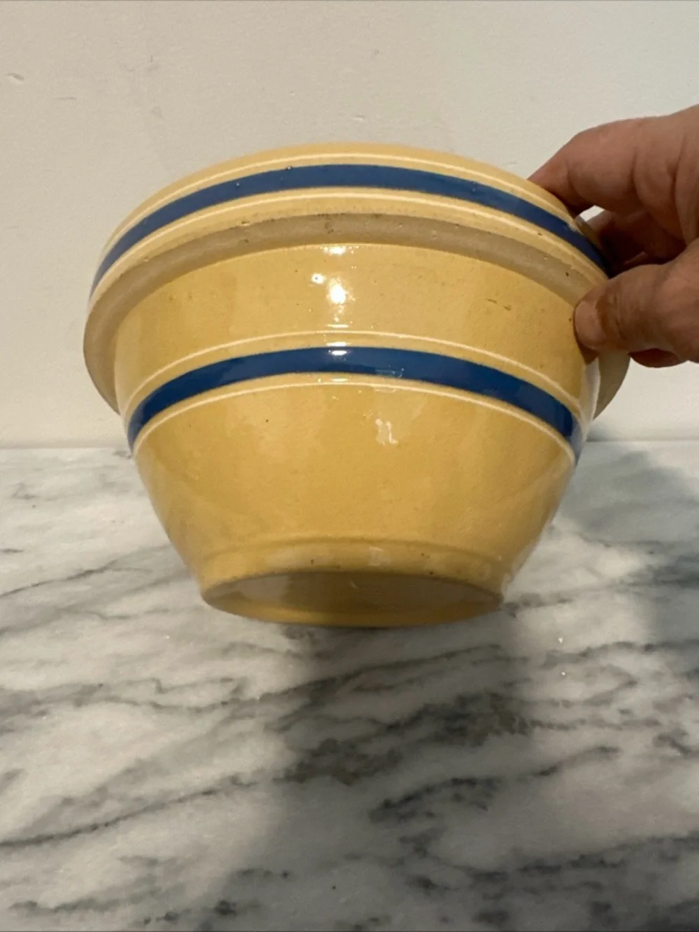 Antique Yellow ware Ceramic mixing Bowl  Blue & white Stripes with lid Rare